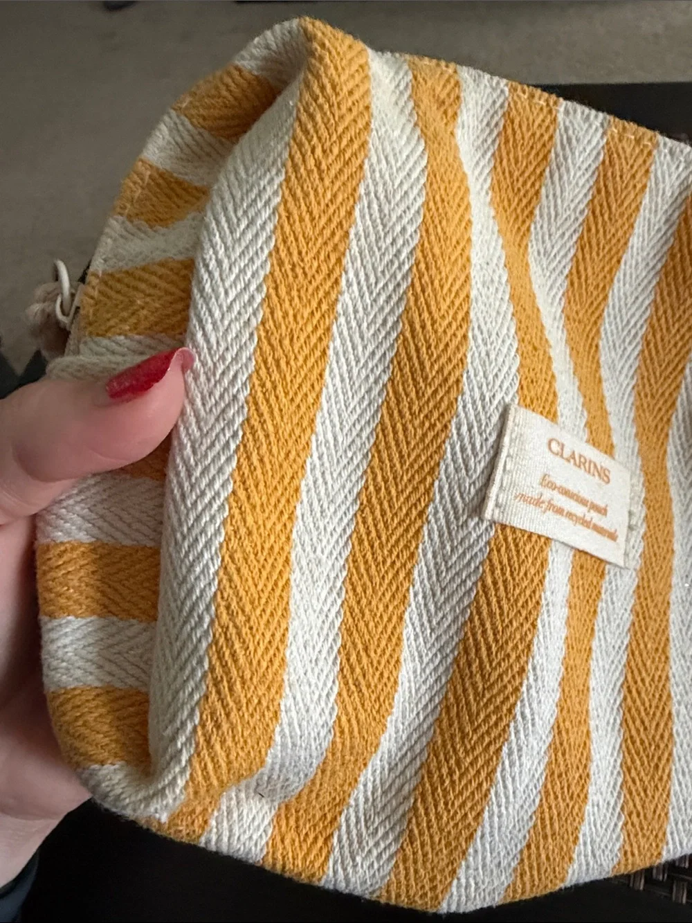 Clarins Golden Yellow and White Striped Travel Cosmetic Pouch